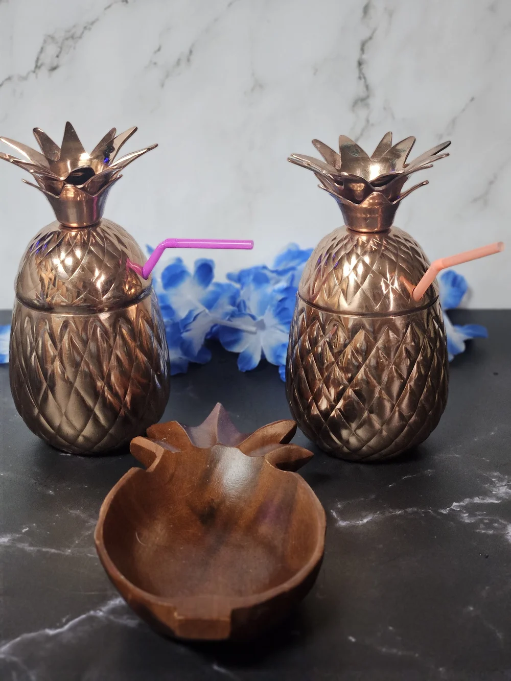 Copper Pineapple Cocktail Tumblers with Lids and Straws
